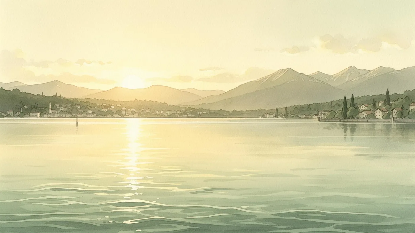 Vue aquarelle du Lac Léman depuis Versoix au coucher du soleil